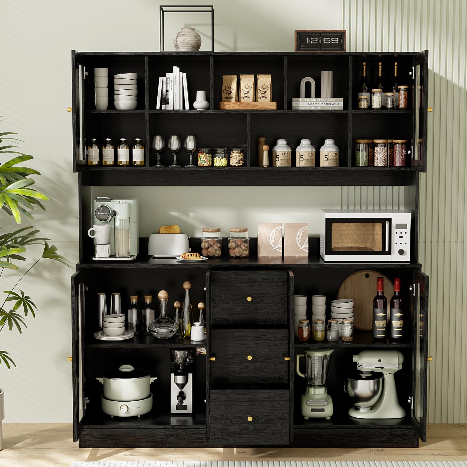 Kitchen Hutch Cabinet with Glass Doors