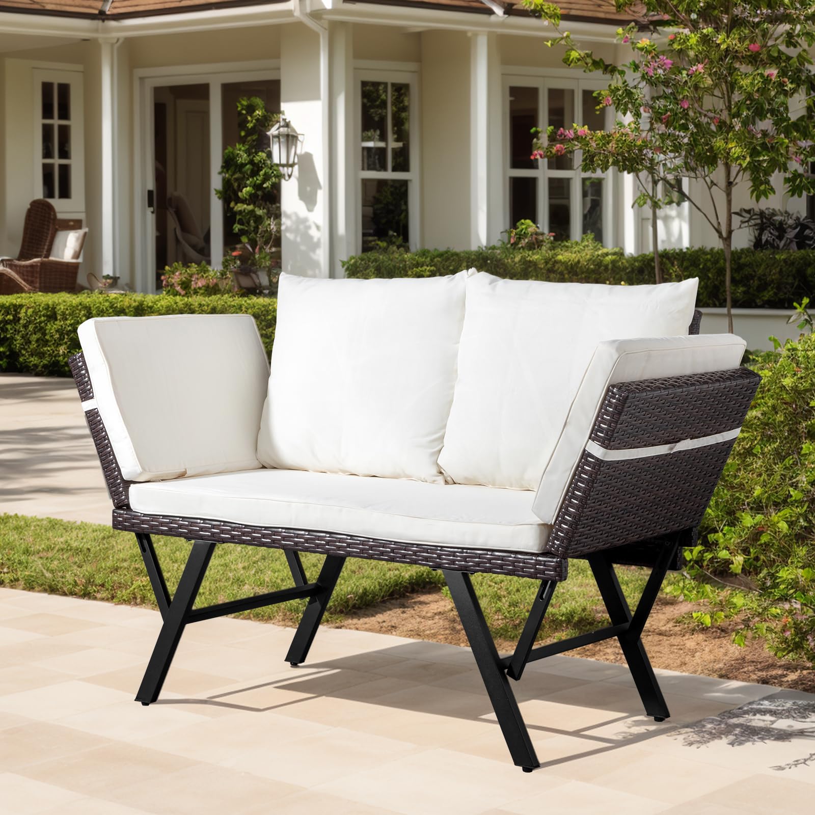 Outdoor Woven Rattan Loveseat with Adjustable Armrests