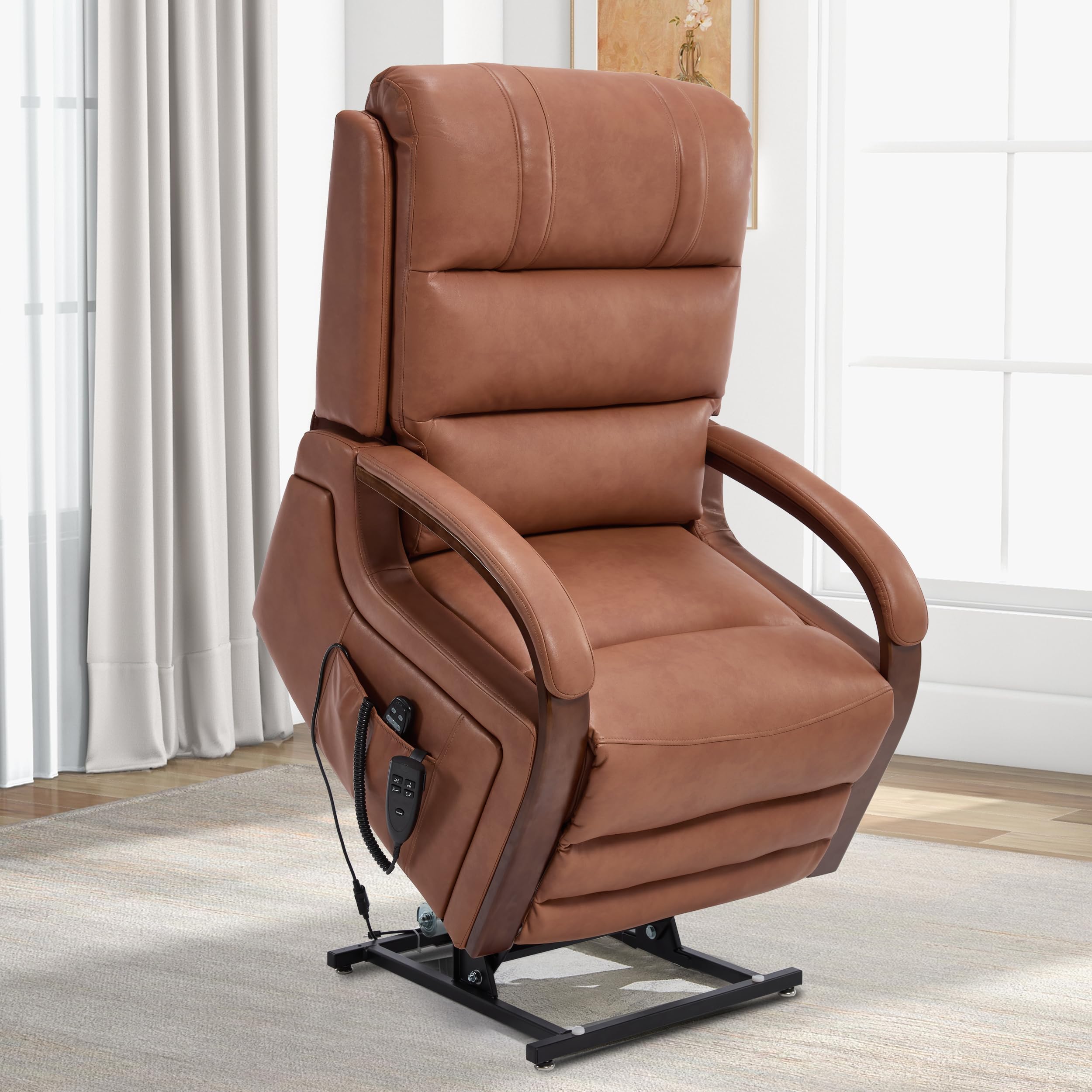 Trustyue Dual Motor Power Lift Recliner Chair, Lay Flat Recliner, Lift Chair with Massage and Heat, Standing Assistance, Infinite Position Reclining, Living Room Chair (Faux Leather Orange)