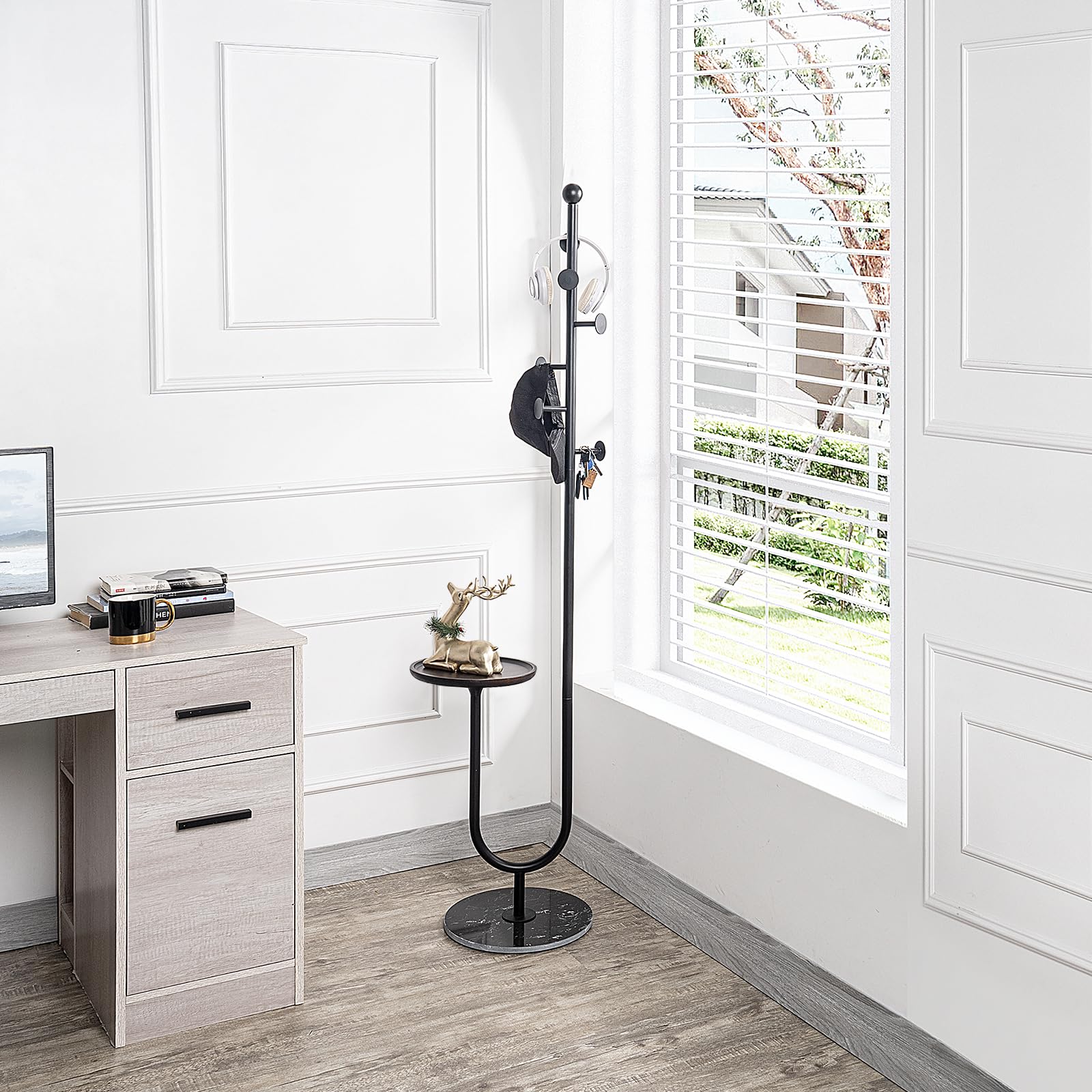 Freestanding Coat Rack with Table and 6 Hooks
