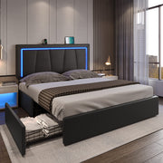 Queen Platform Bed Frame with LED Headboard, 4 Storage Drawers & USB Ports – Black Faux Leather, No Box Spring