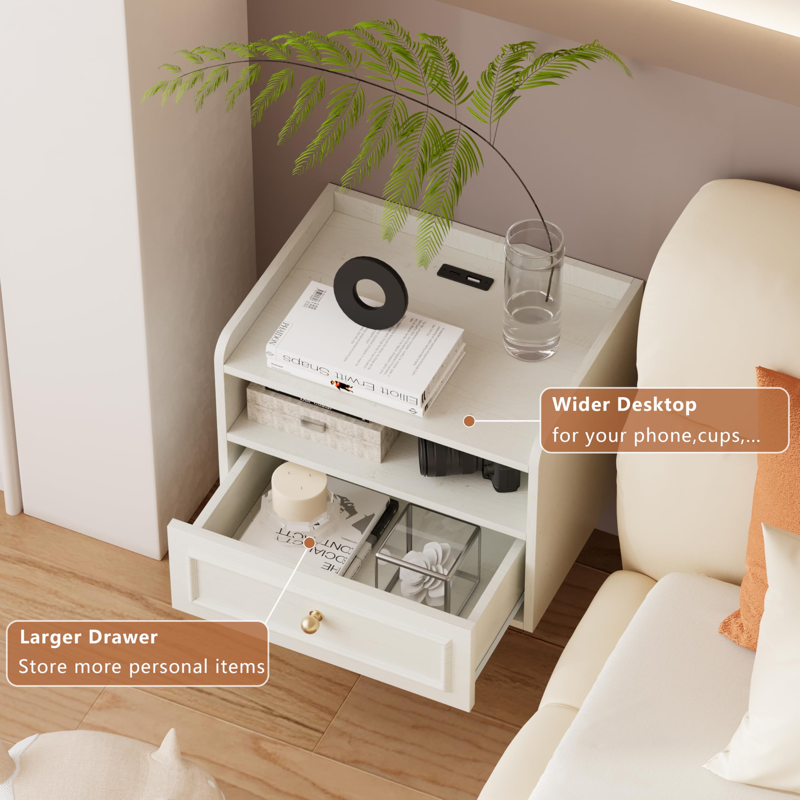 Wall Mounted Floating Nightstand with Charging Station Set of 2