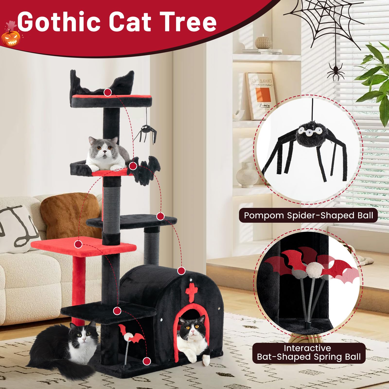 Gothic Cat Tree 53 Inch with Coffin Bed