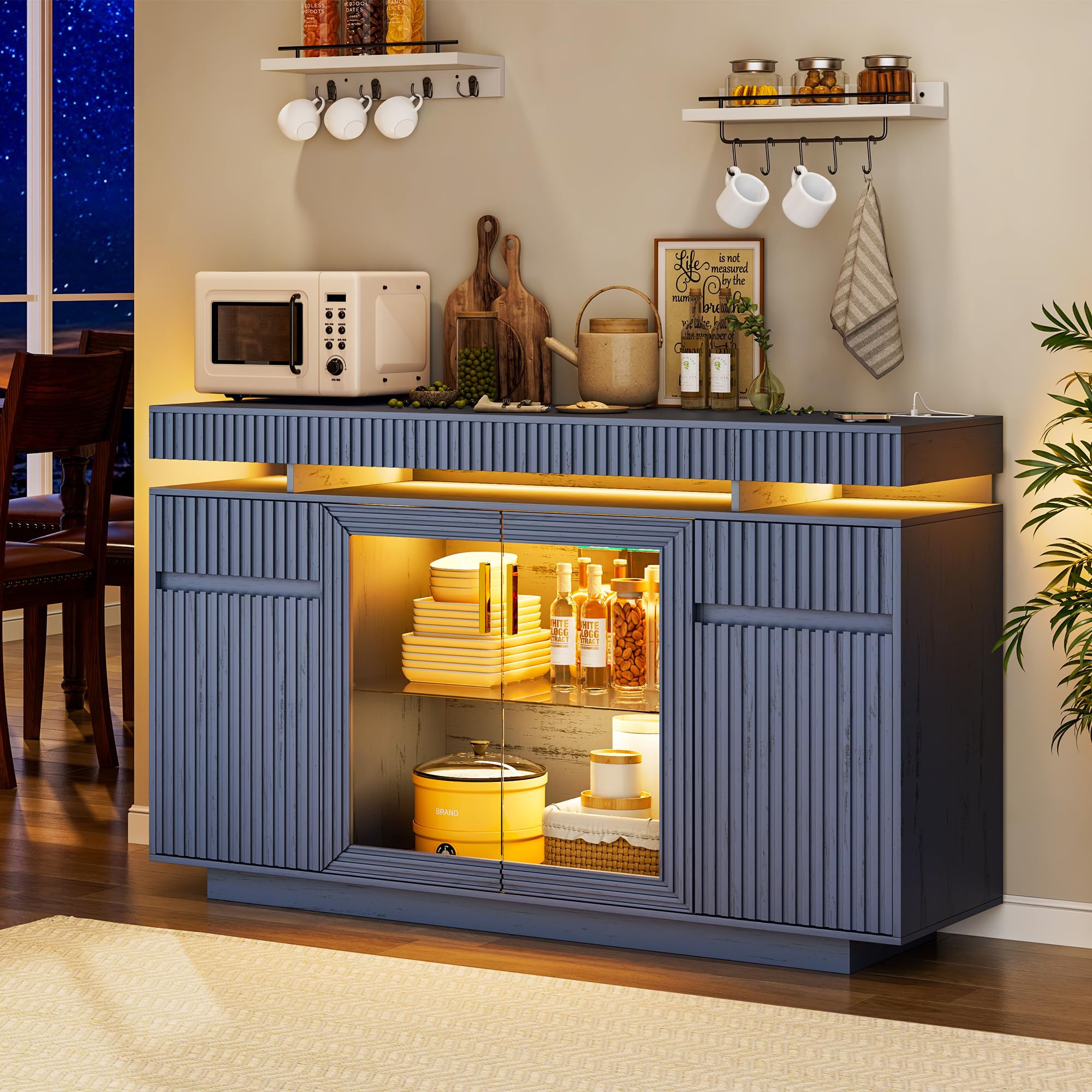 Fluted Sideboard Buffet Cabinet with LED Lighting