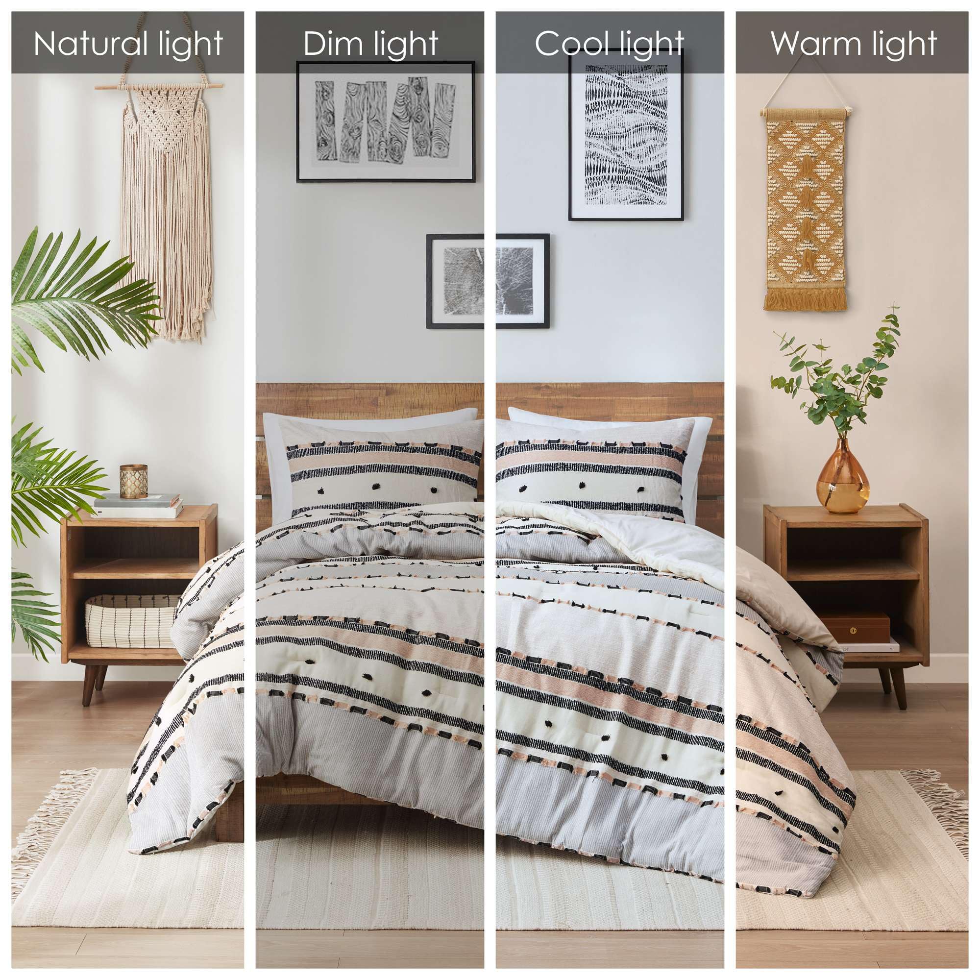 Boho Queen Comforter Set with Cotton Top and Tufted Jacquard Stripes