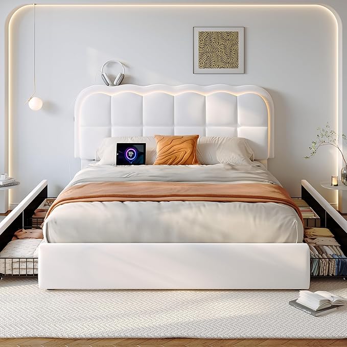 Twin Velvet Platform Bed with Storage & LED Headboard