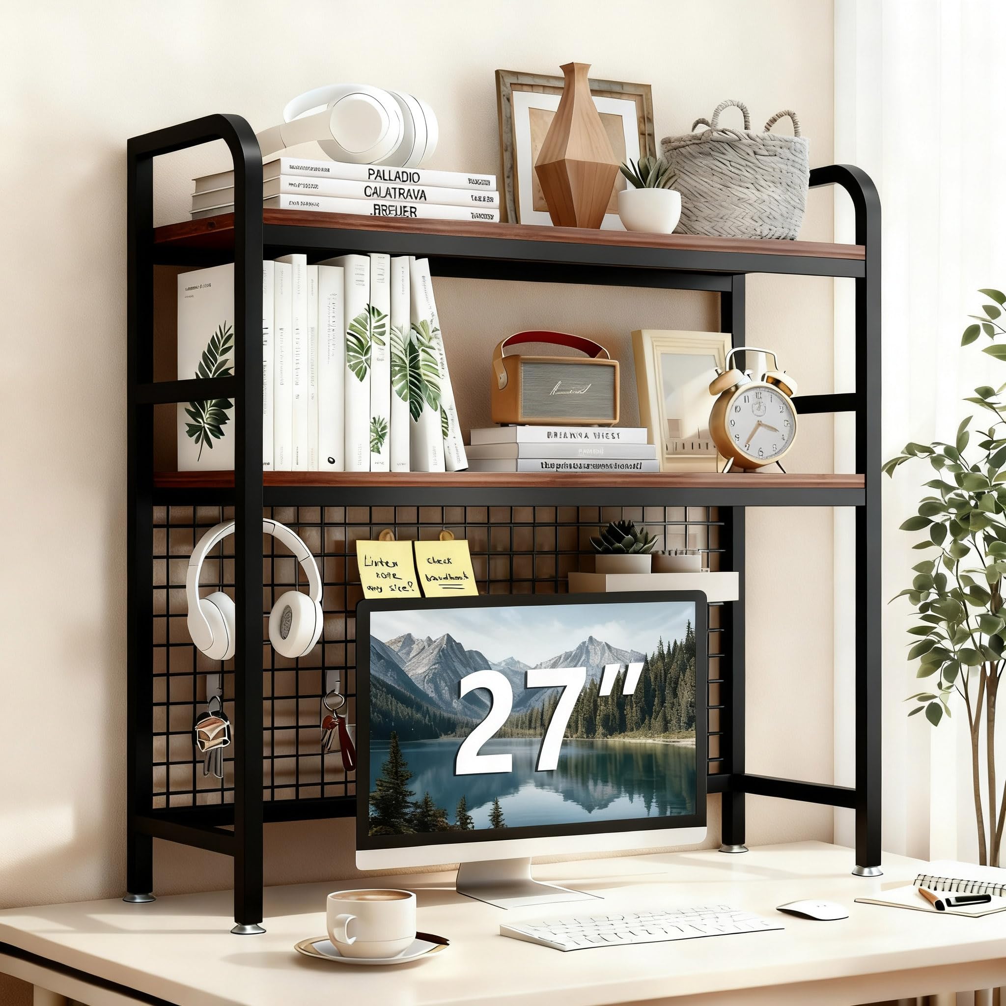 2-Tier Desk Hutch Bookshelf with Metal Frame