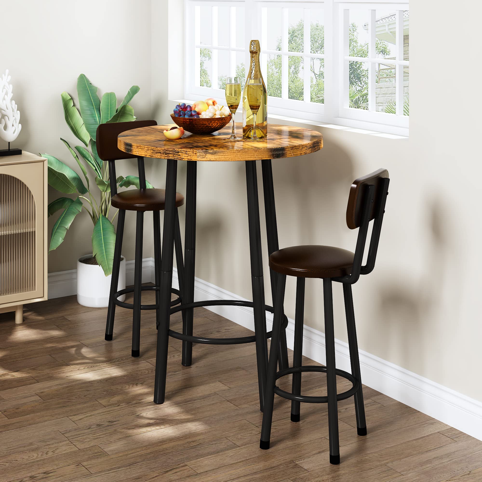 3 Piece Pub Dining Set Round Bar Table with Stools