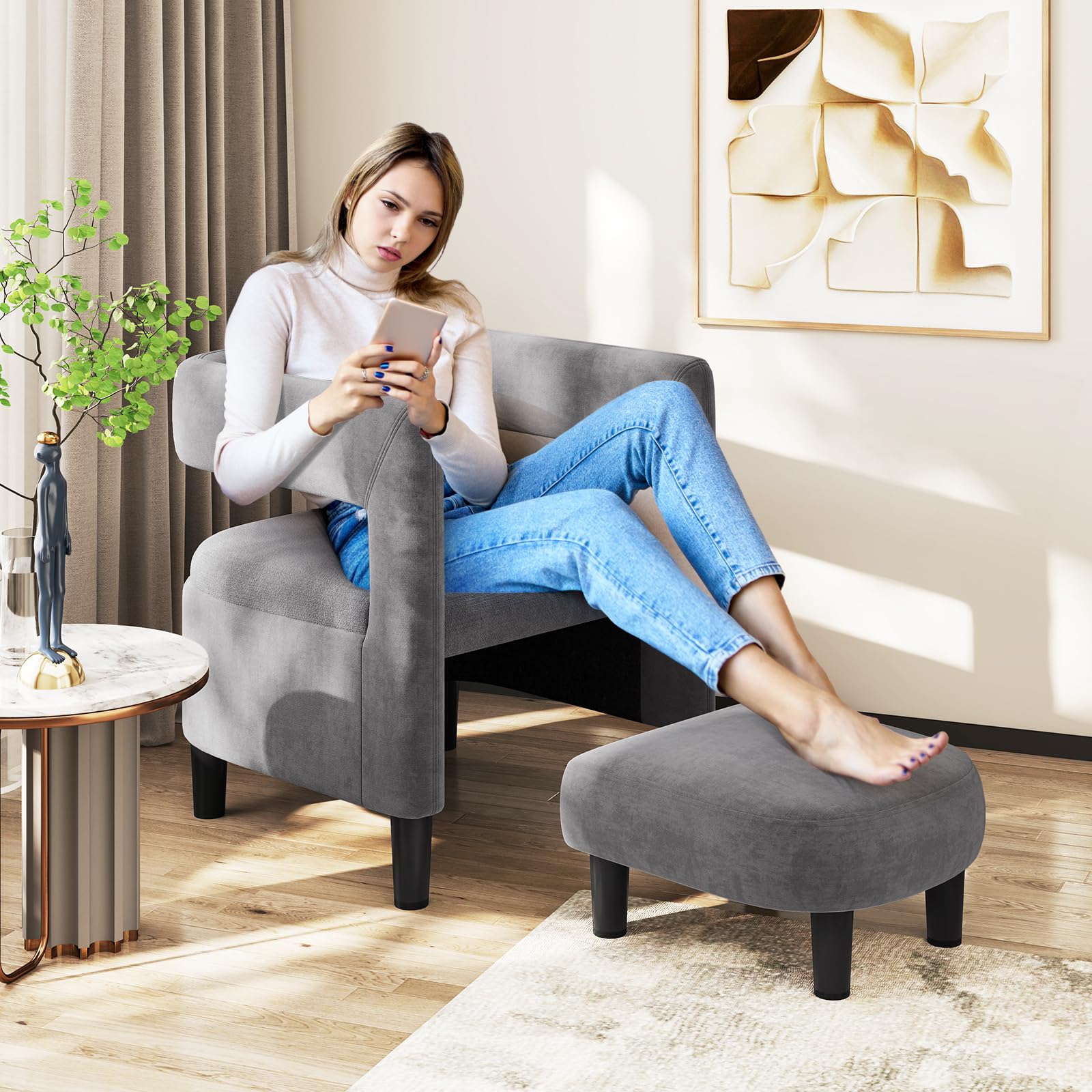 Velvet Accent Chair with Ottoman