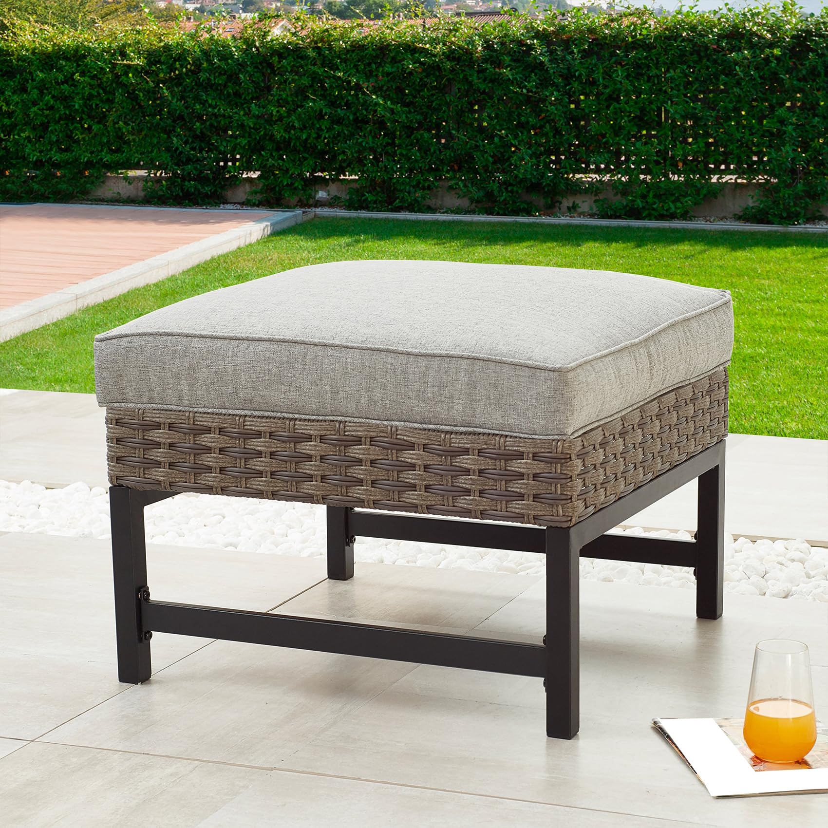 Grey Cushioned Wicker Ottoman