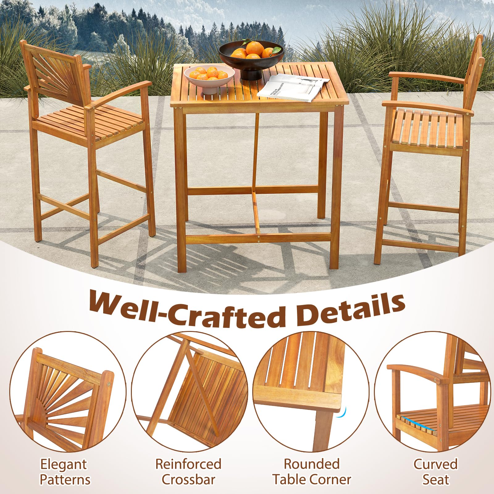3 Piece Acacia Wood Patio Bar Set