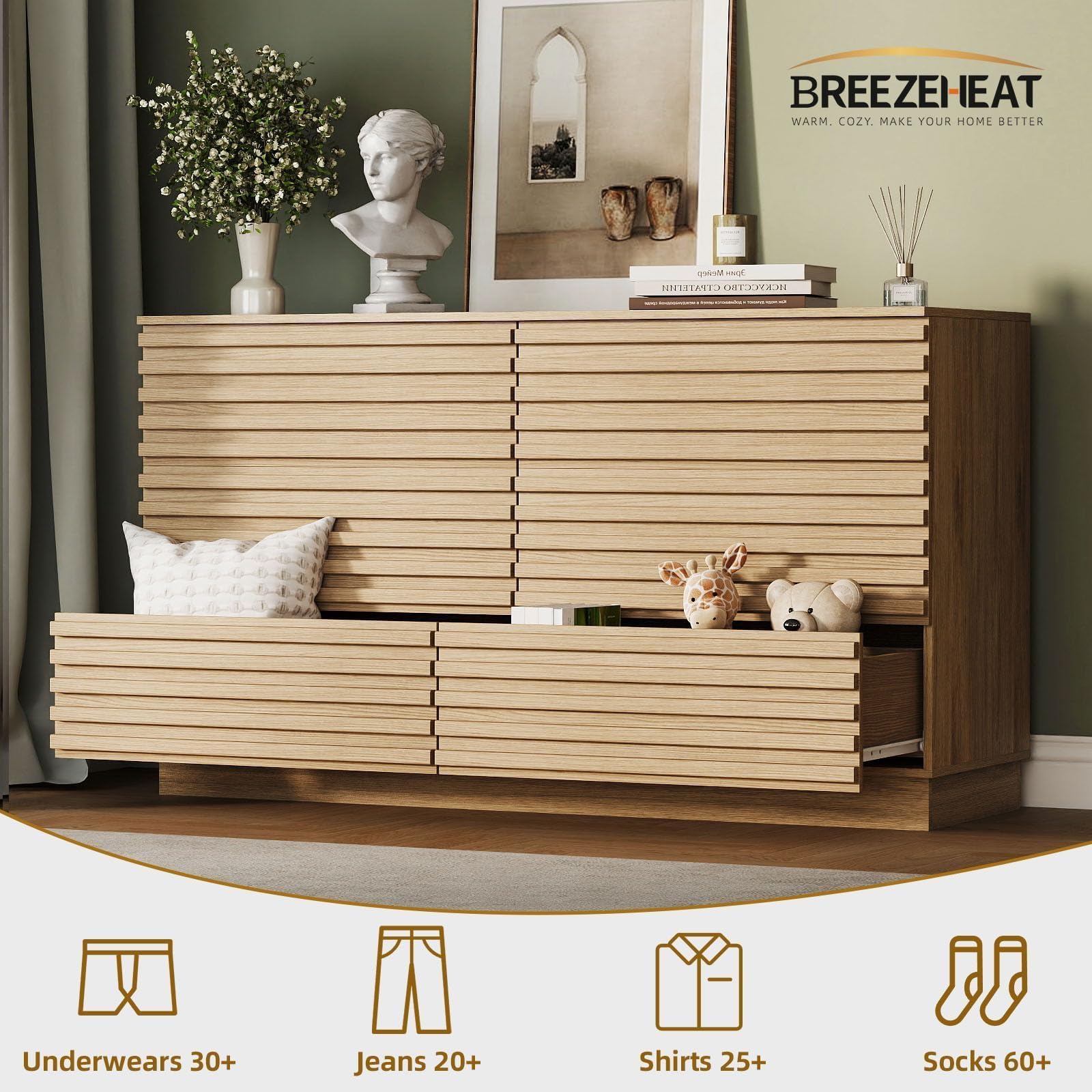 Fluted Dresser 6 Drawer Wide Chest Natural Wood TV Stand