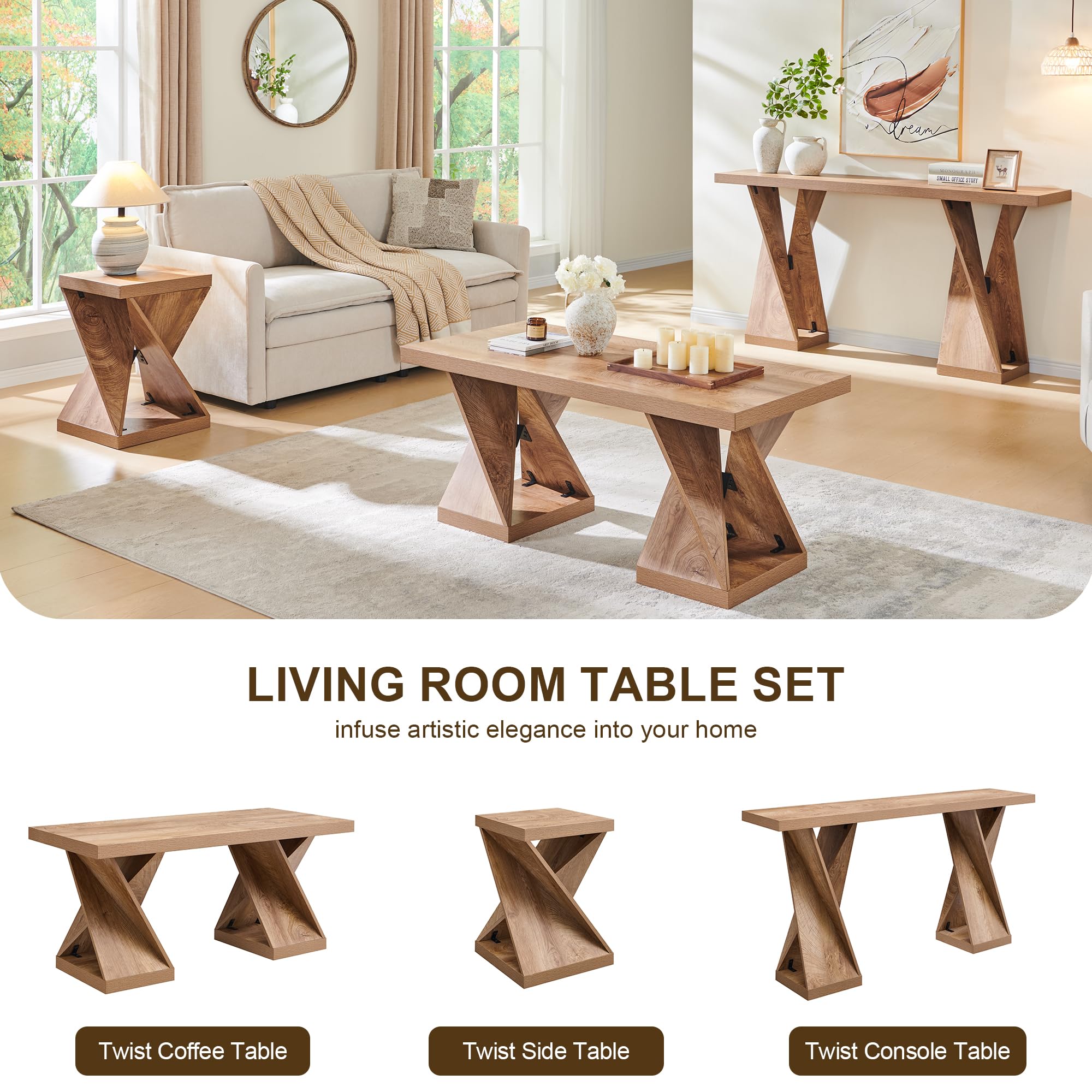 OKD Modern Coffee Table, 48" Twisted Center Table with Wood Thickened Pedestal, Rectangular Rustic Living Room Table, Farmhouse Storage Low Cocktail Tea Table, Light Tree Knot