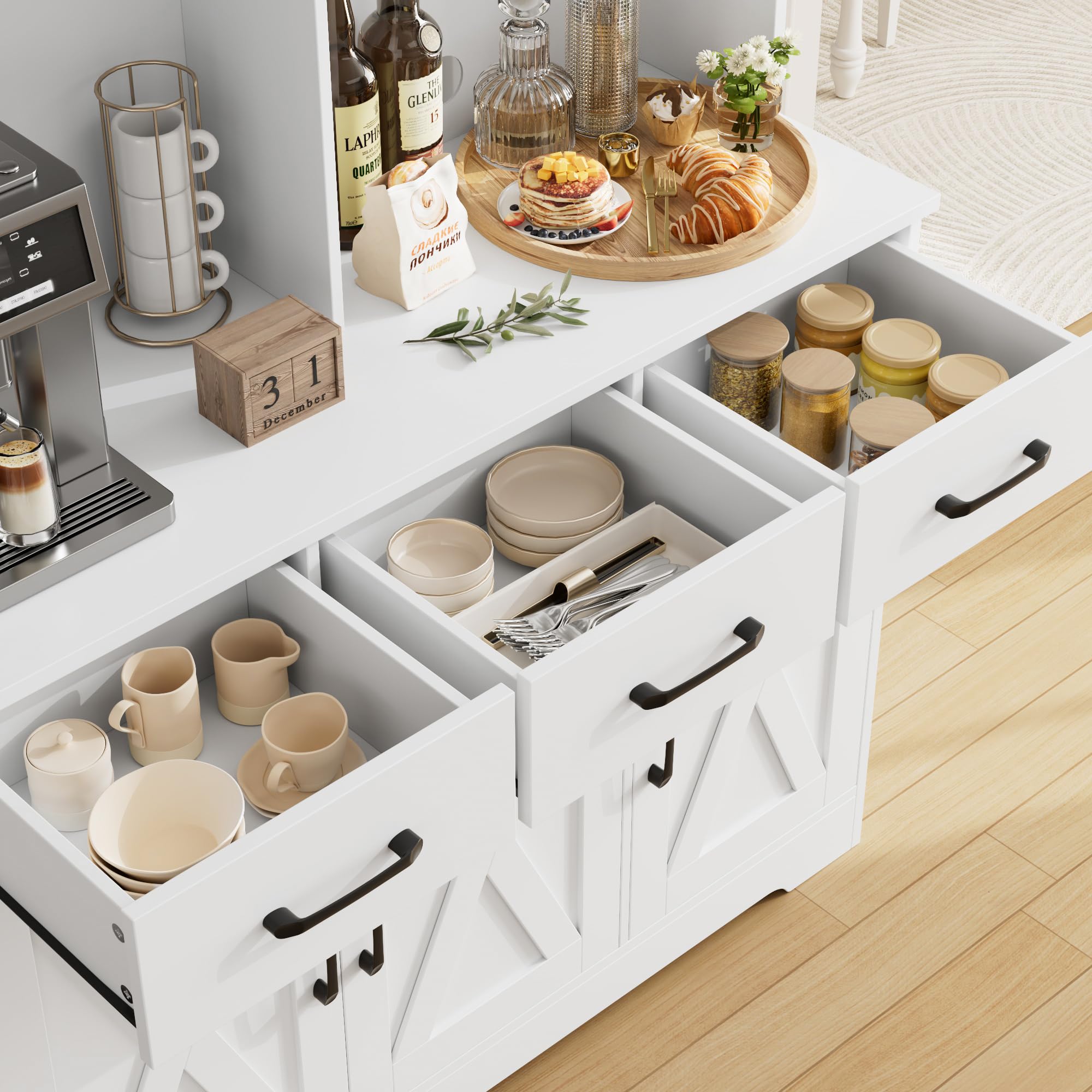 Buffet Cabinet with Hutch White Farmhouse Storage