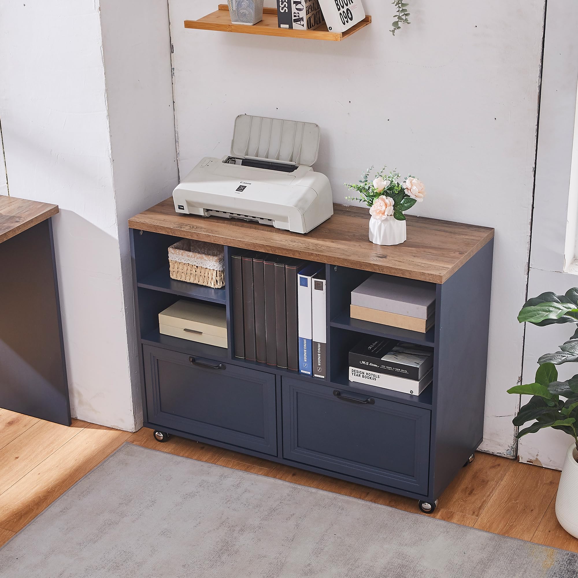 LayBurst 39.3" Farmhouse Wood File Cabinet with Wheels,Small Home Office Storage,Rolling File Cabinet with 2 Drawers for Legal/Letter/ A4 Size (Blue)