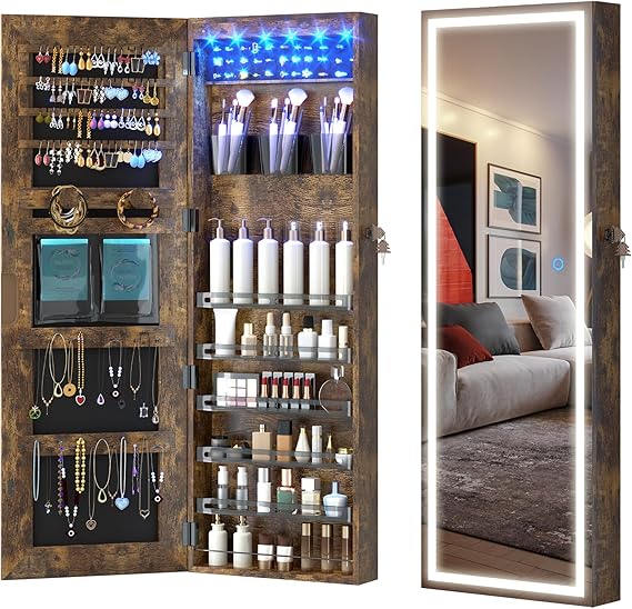 LED Mirror Jewelry Cabinet with Wall/Door Mount