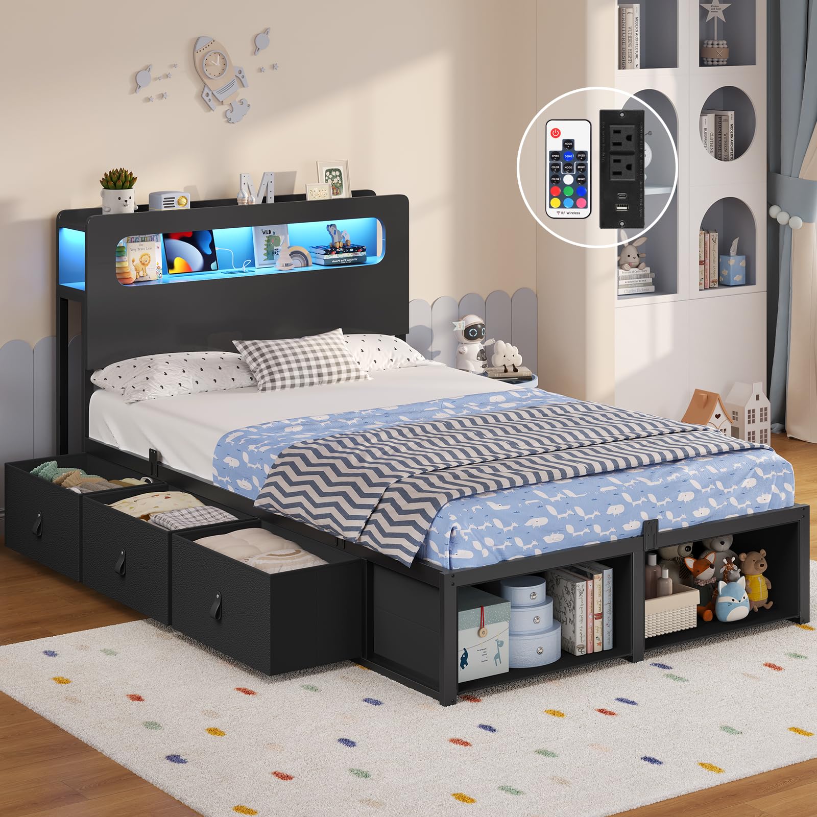 ADORNEVE Twin Bed Frame with 6 Storage Drawers & 2-Tier LED Headboard – Kids Boy Bed with Power Outlets & RGB Lights, 2 Footboard Cubbies– Space-Saving No Box Spring Needed, Black