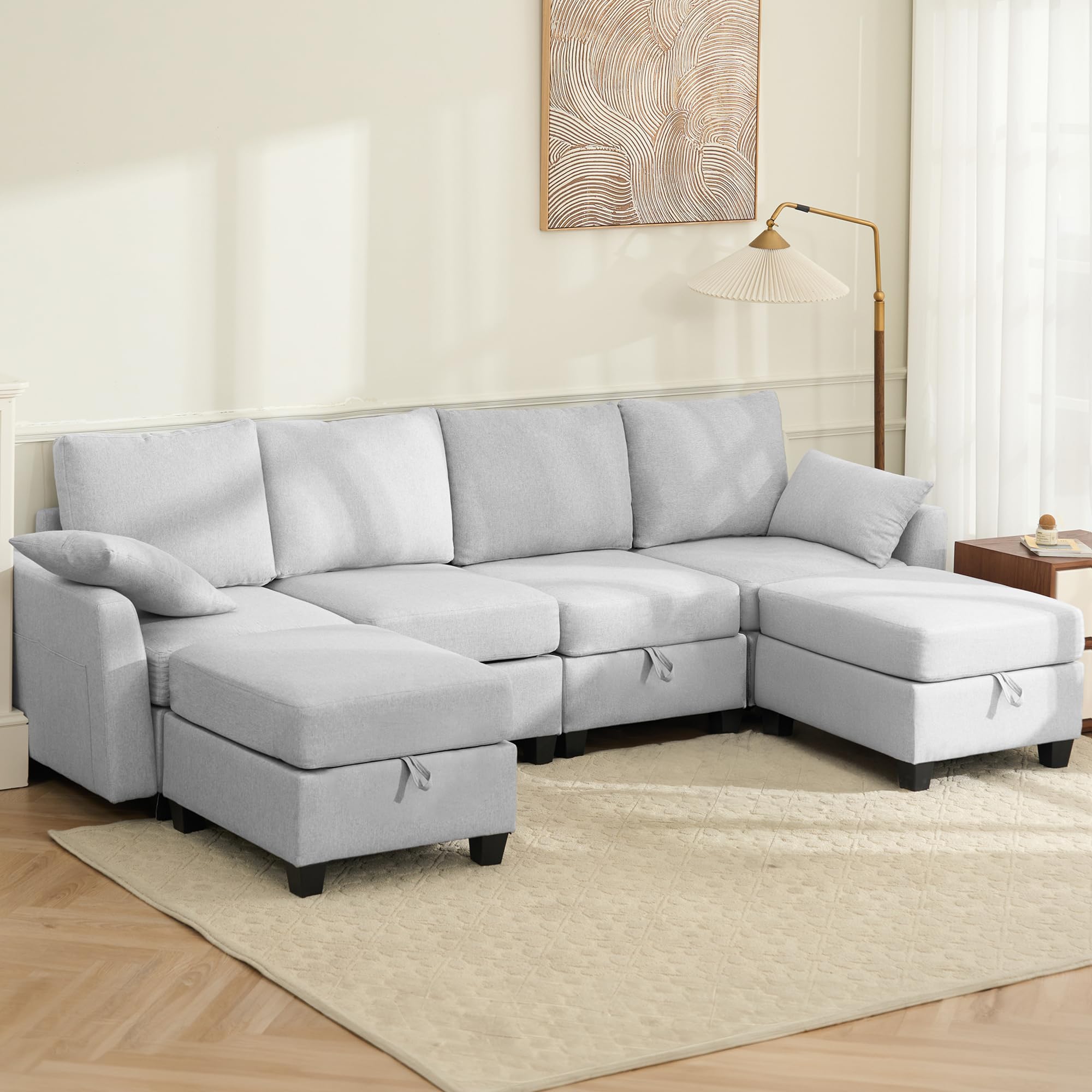U-Shaped Sectional Sofa with Ottoman - Light Gray Linen