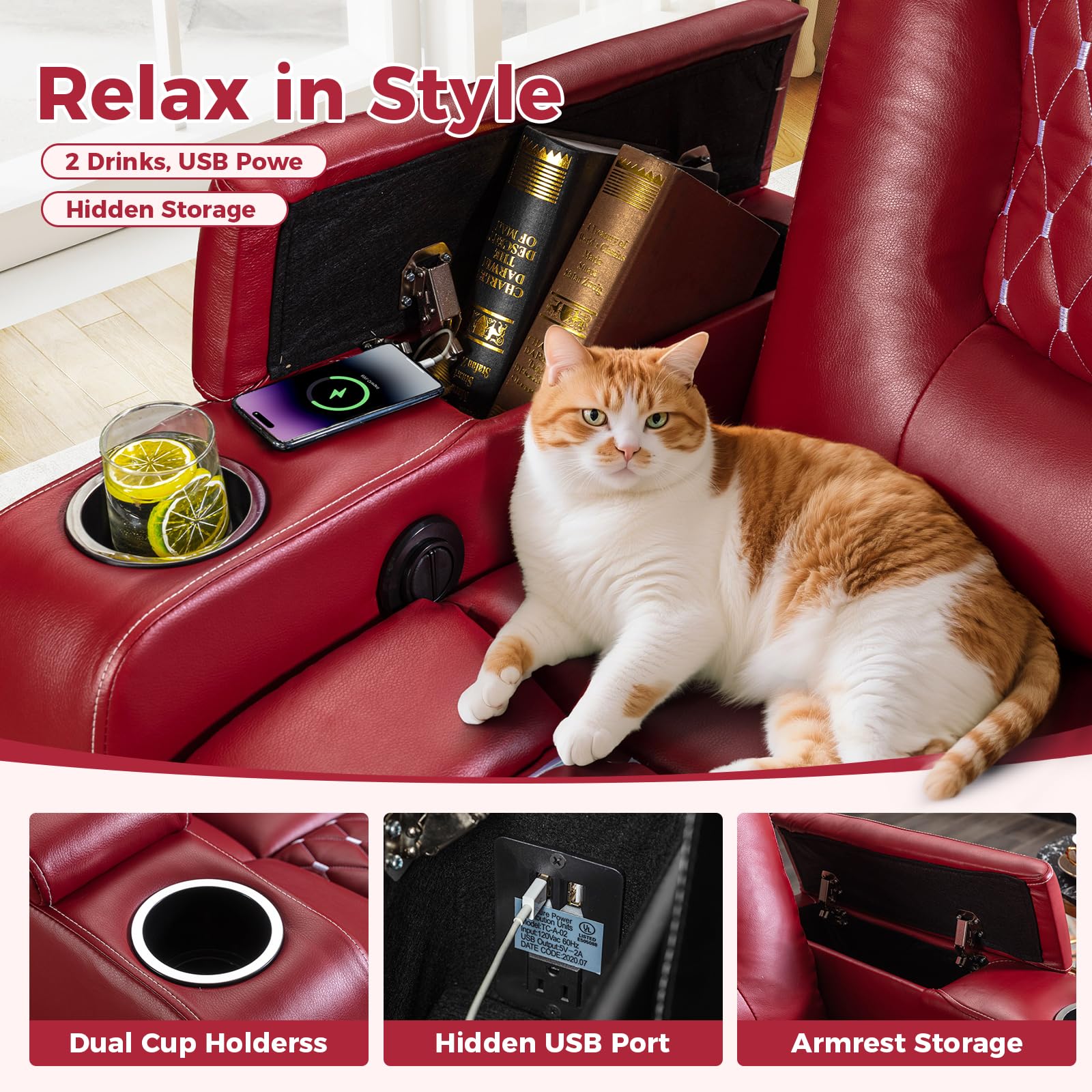 Electric Power Recliner Chair Set of 3 - USB Ports, Cup Holders, Storage