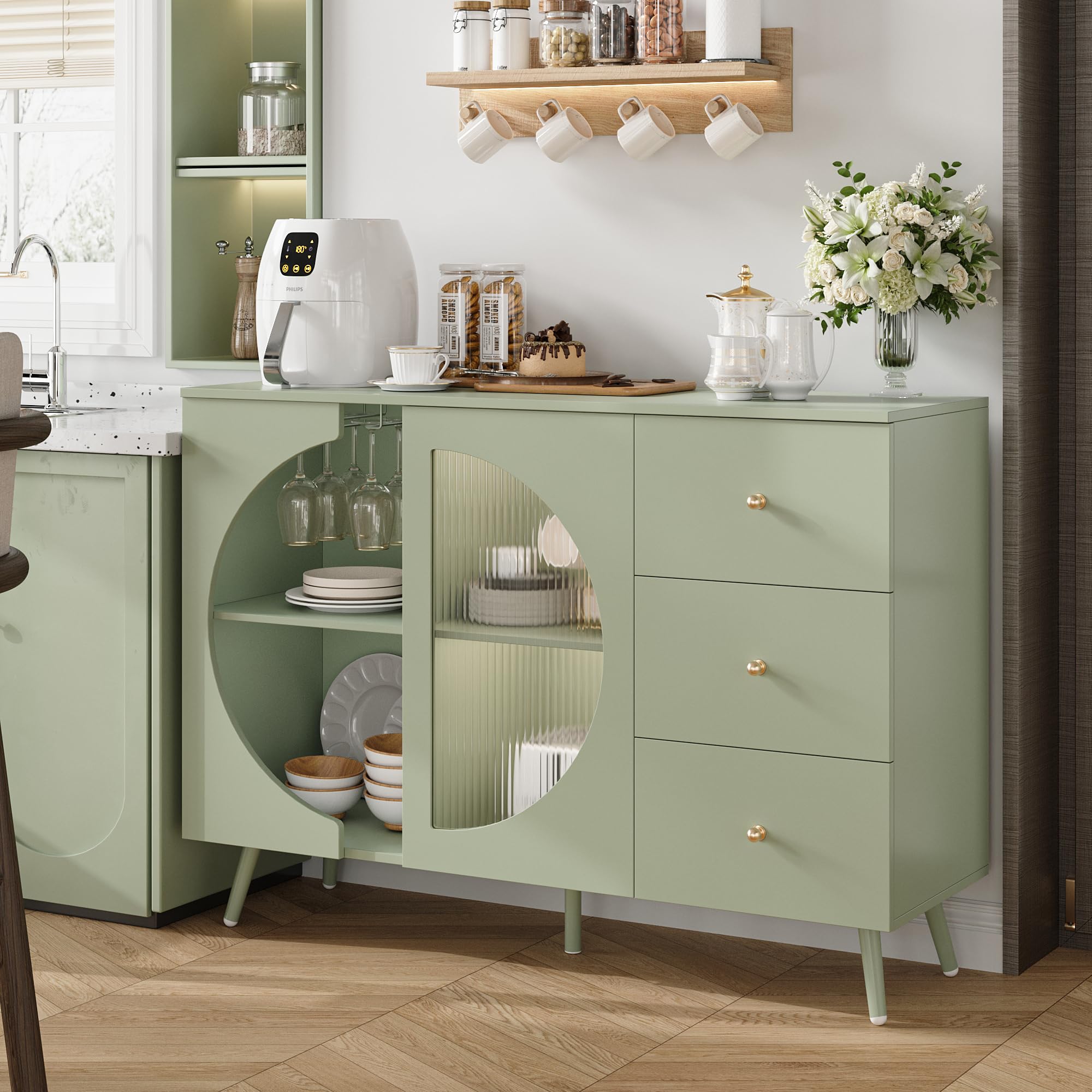 Coffee Bar Cabinet with Fluted Glass Door and Wine Rack