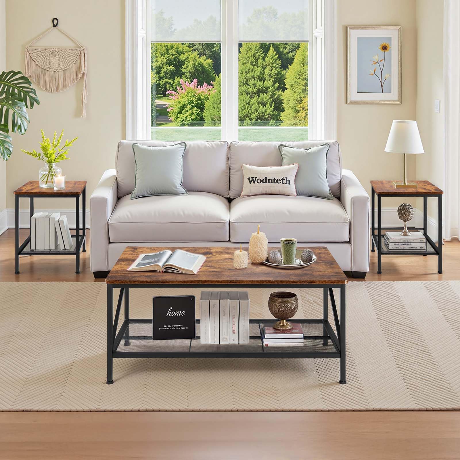 3-Piece Industrial Coffee Table Set with End Tables