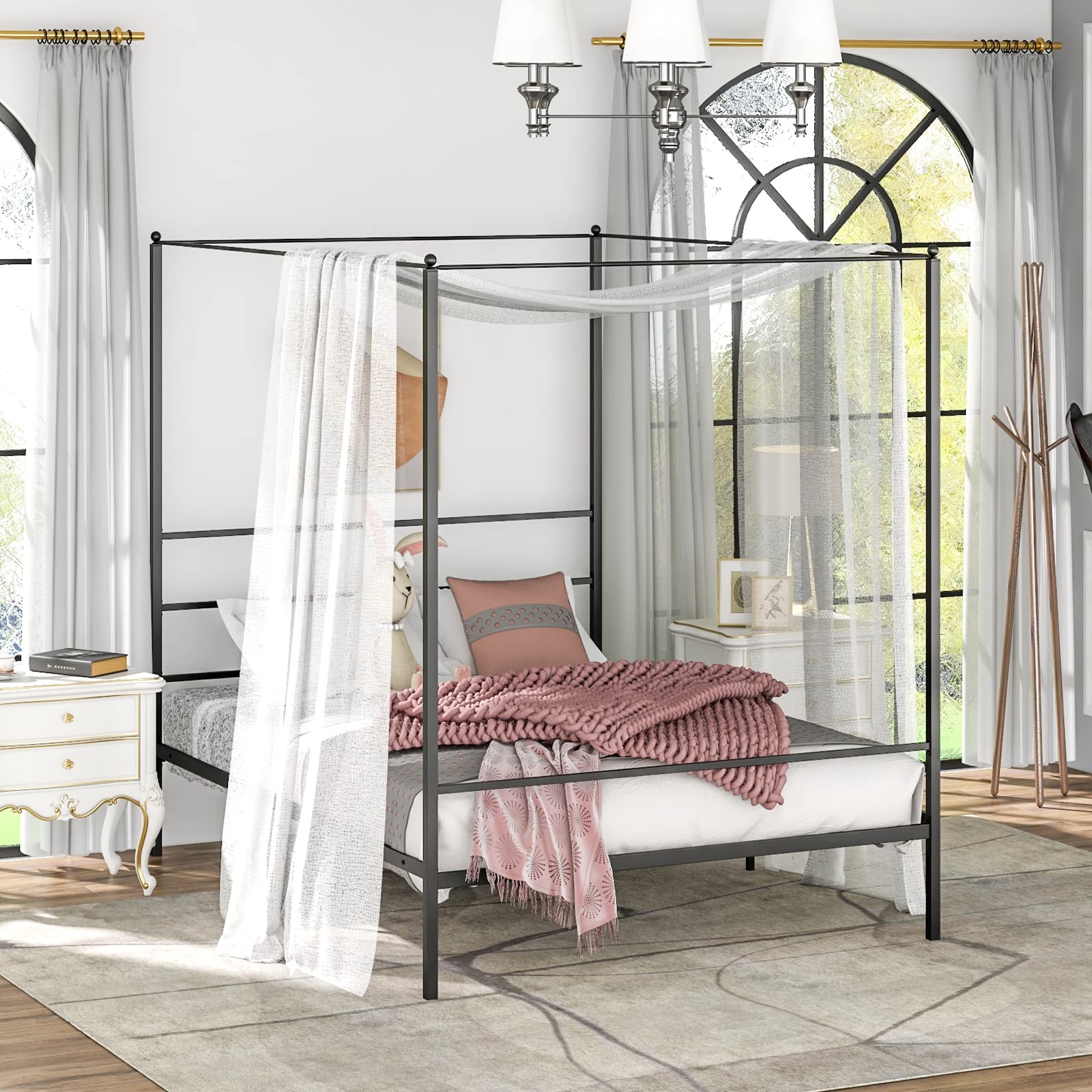 Queen Size Metal Canopy Bed Frame with 4 Poster Headboard