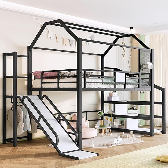 Full Size Metal Loft Bed with Slide and Storage Stairs
