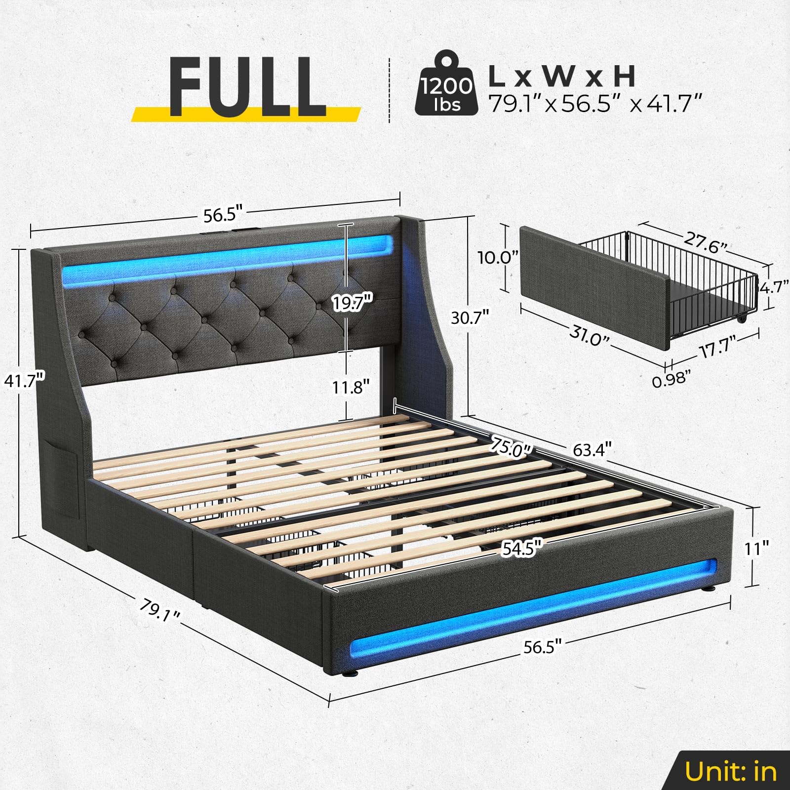 Full Bed Frame with LED Lights and Charging Station