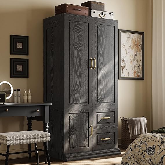 71.1" Tall Wooden Wardrobe Closet with Drawers and Hanging Rod