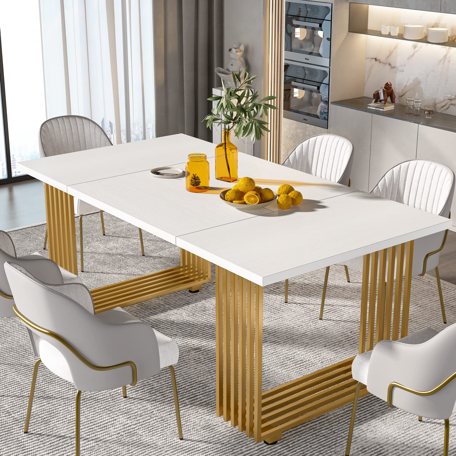 Modern Dining Table 70.8" White Gold Metal Legs