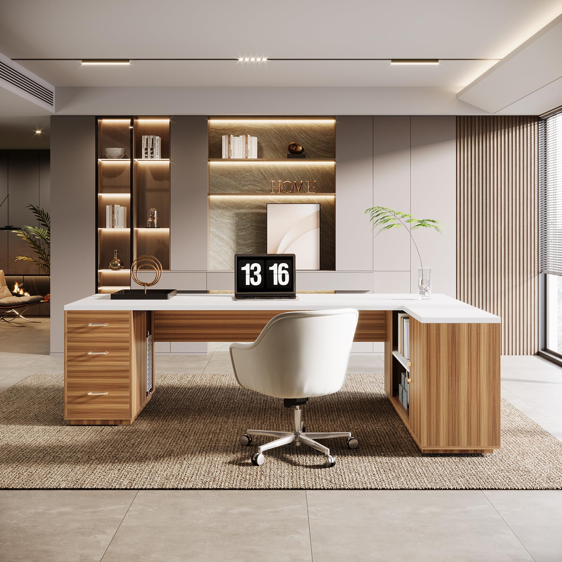 L-Shaped Executive Office Desk with File Drawers and Storage Cabinet