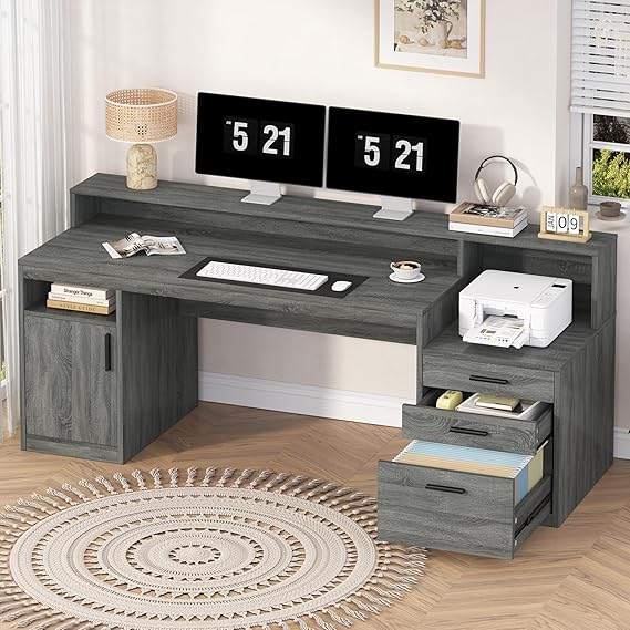 Computer Desk with 3 Drawer Storage Shelves and File Cabinet