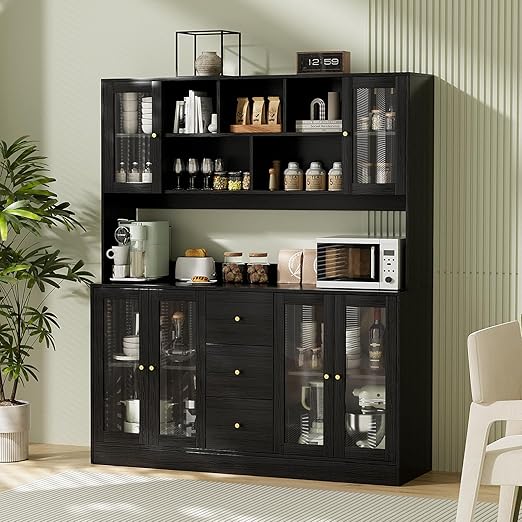 Kitchen Hutch Cabinet with Glass Doors