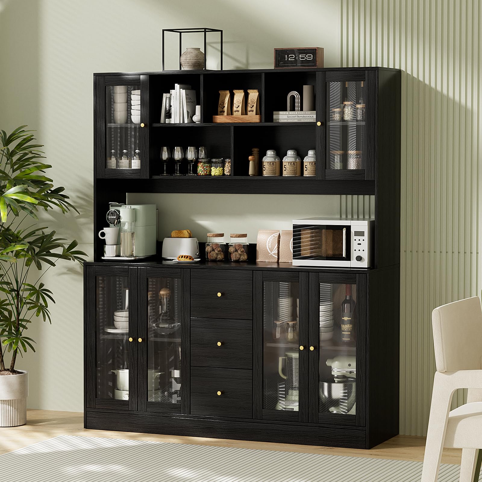 Kitchen Hutch Cabinet with Glass Doors