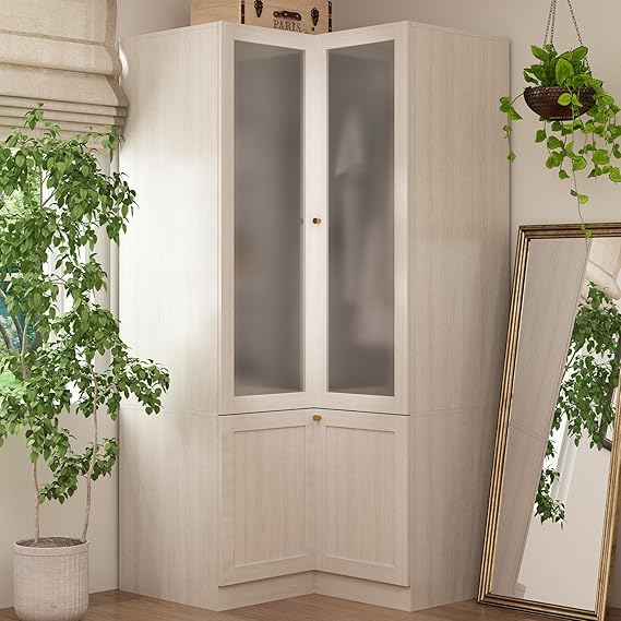 Corner Wardrobe Cabinet with Frosted Glass Doors