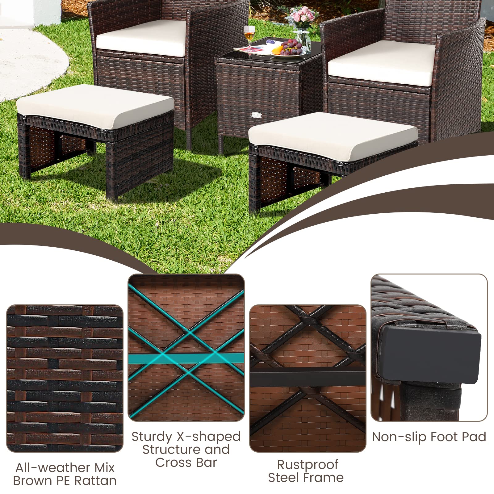 2-Piece Outdoor Wicker Ottomans with Removable Cushions