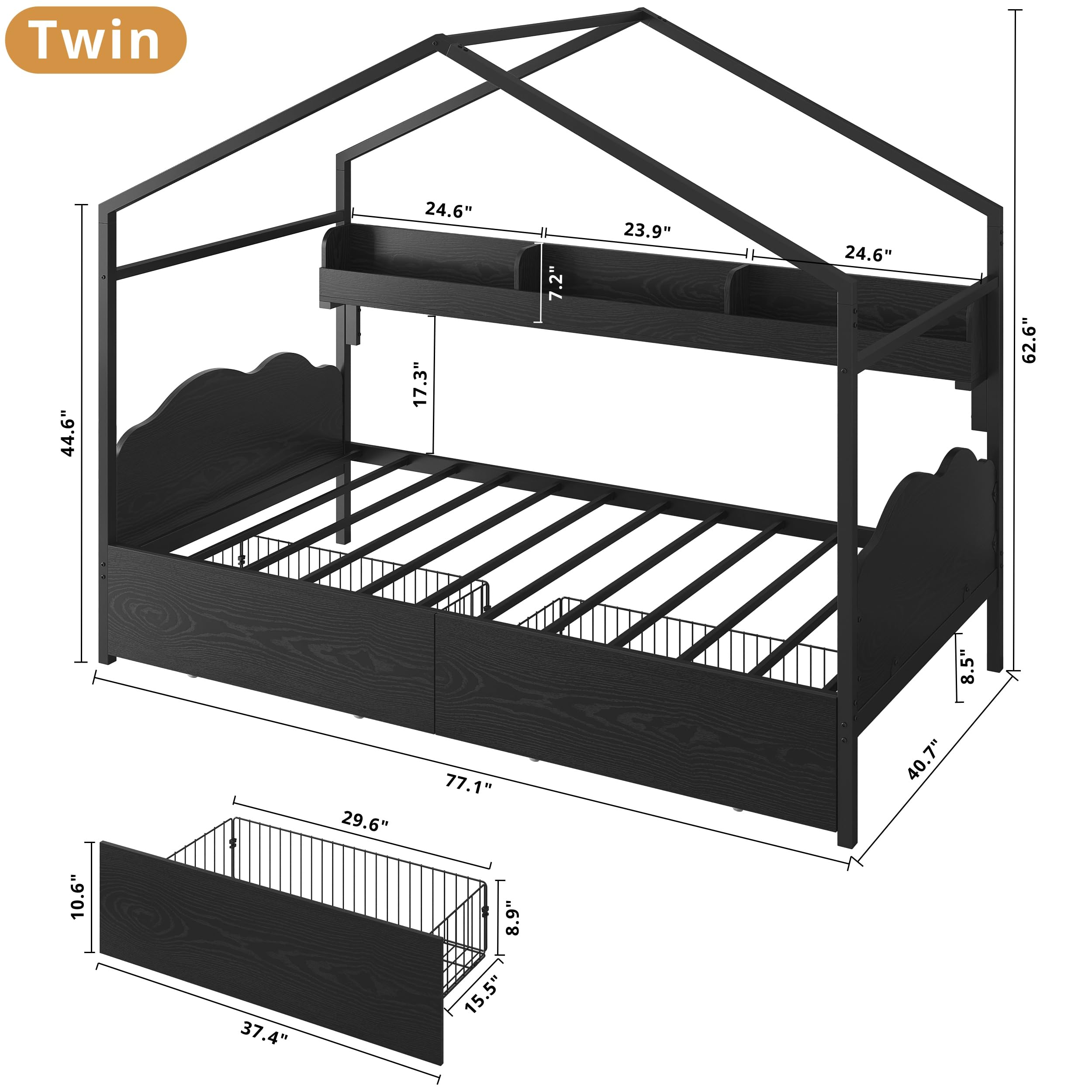 LIKIMIO Twin Bed Frame with 2 Storage Drawers, DIY House Bed with Bookshelf & Curved Headboard & Footboard, Twin Corner Bed Frames for Bedroom, No Box Spring Needed, Black