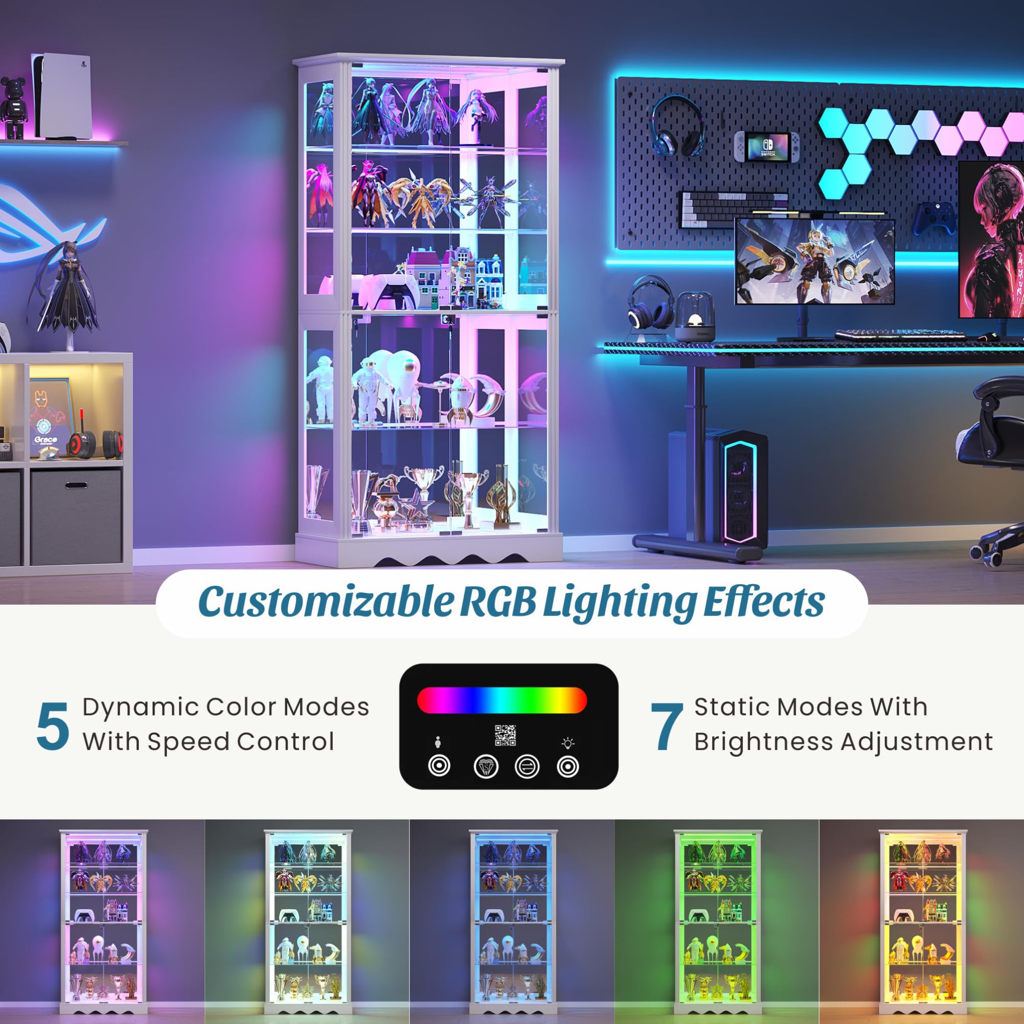 5-Tier Glass Display Cabinet with RGB Lighting