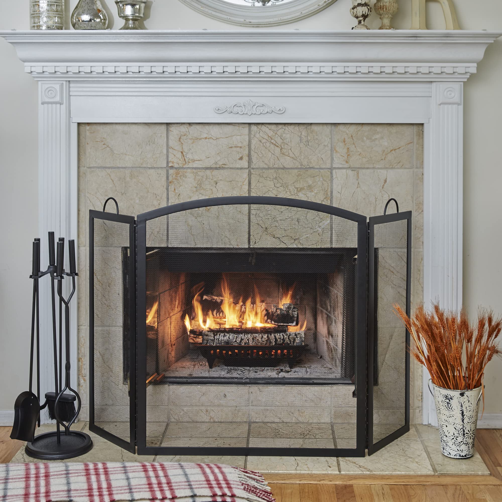 3-Panel Black Iron Fireplace Screen
