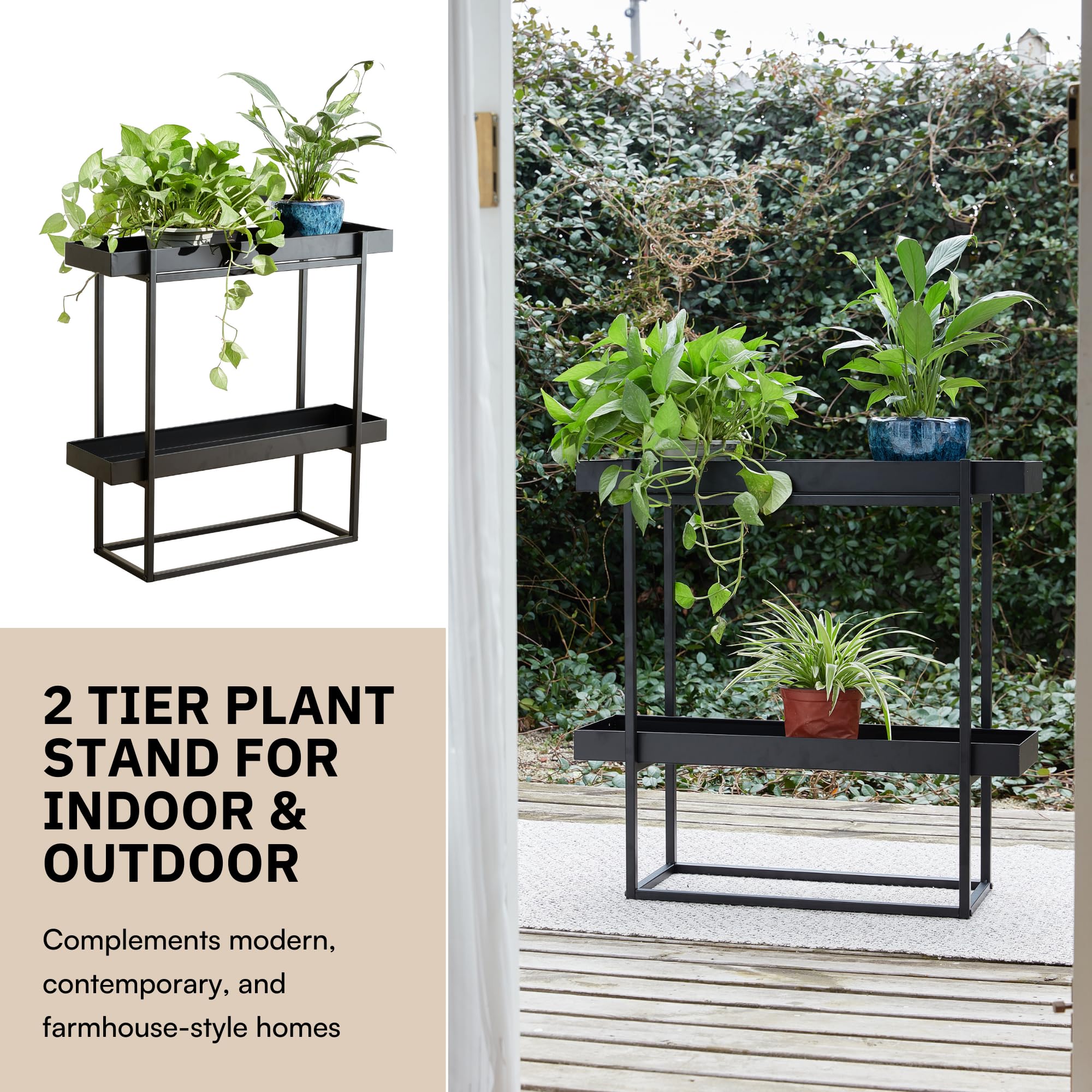 2-Tier Plant Stand Indoor Outdoor - Heavy Duty Iron Black