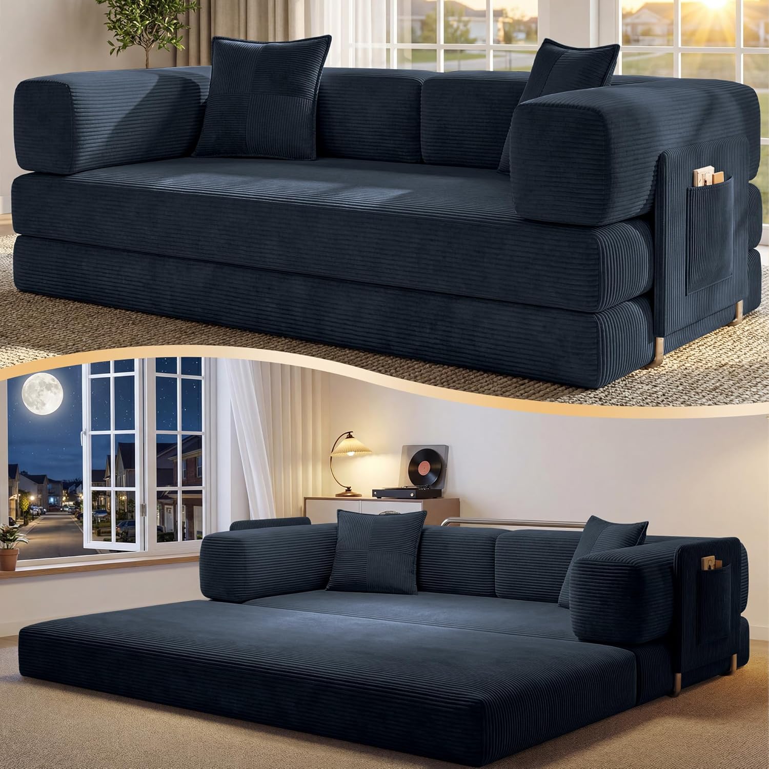 Convertible Futon Sofa Bed with Storage Pocket