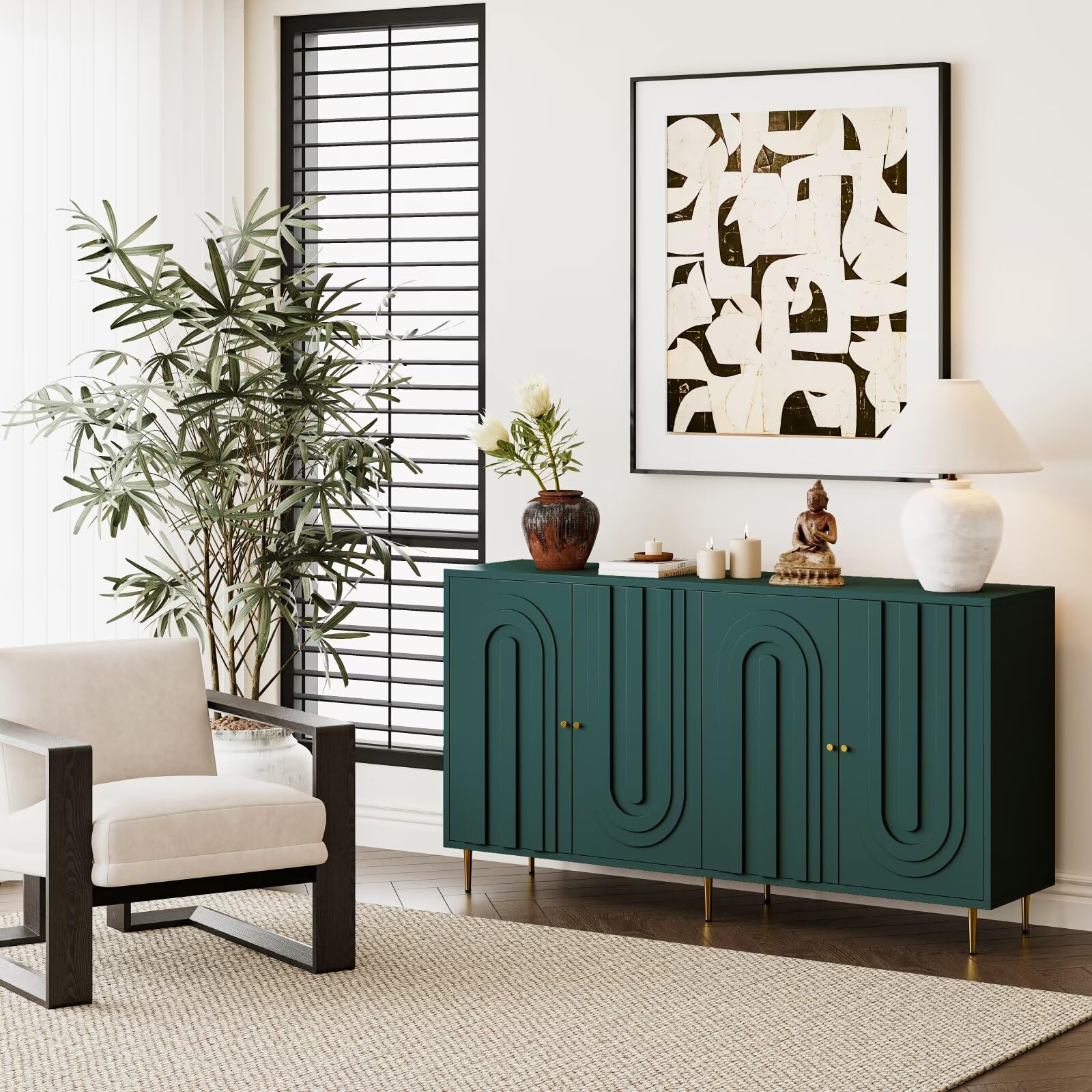 Modern Green Lacquered 4-Door Wooden Sideboard Cabinet
