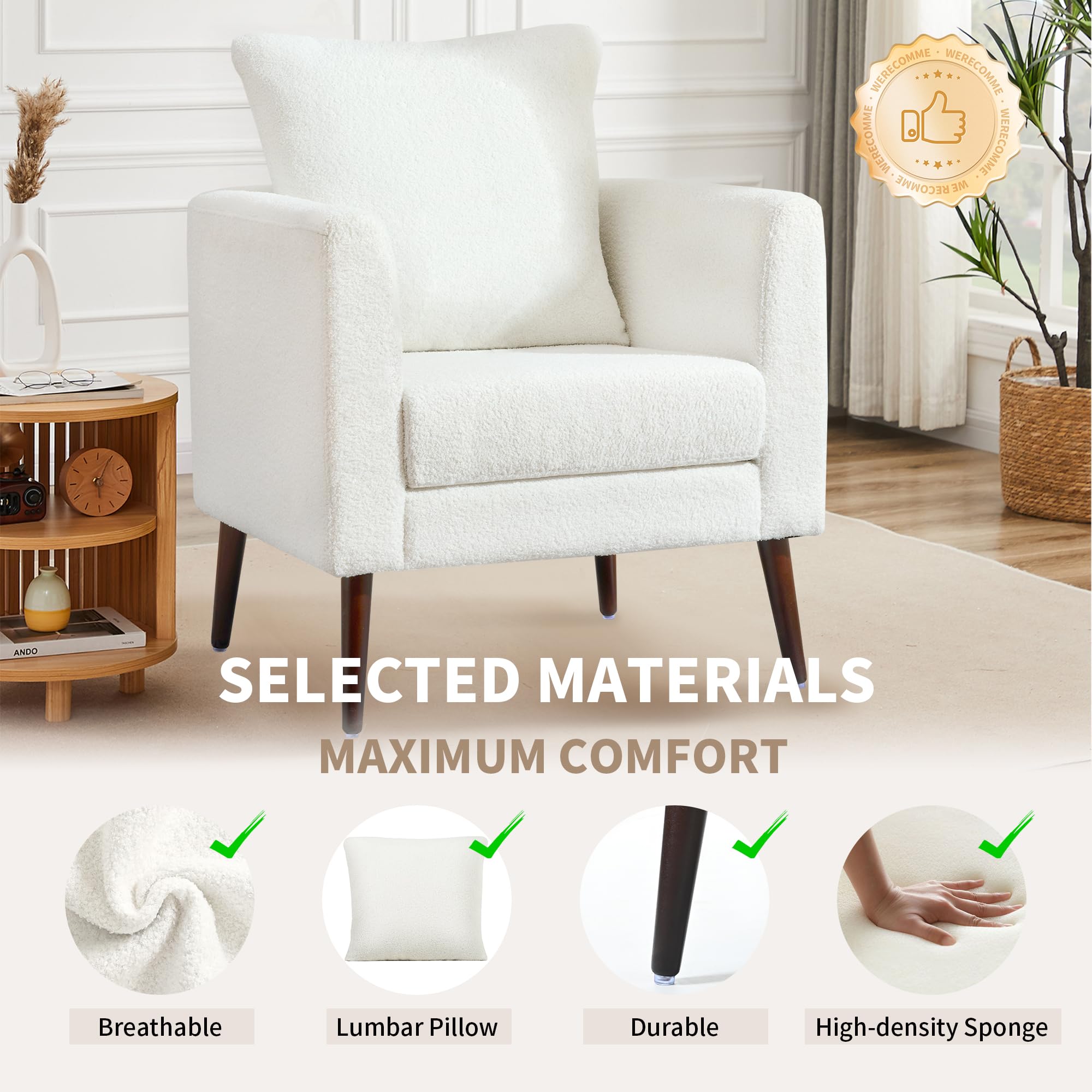 White Chenille Accent Chair with Wood Legs
