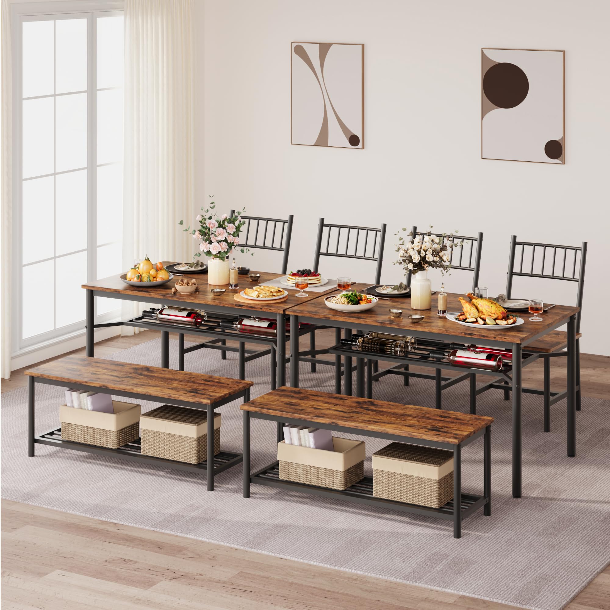 4-Piece Dining Table Set with Bench and Chairs