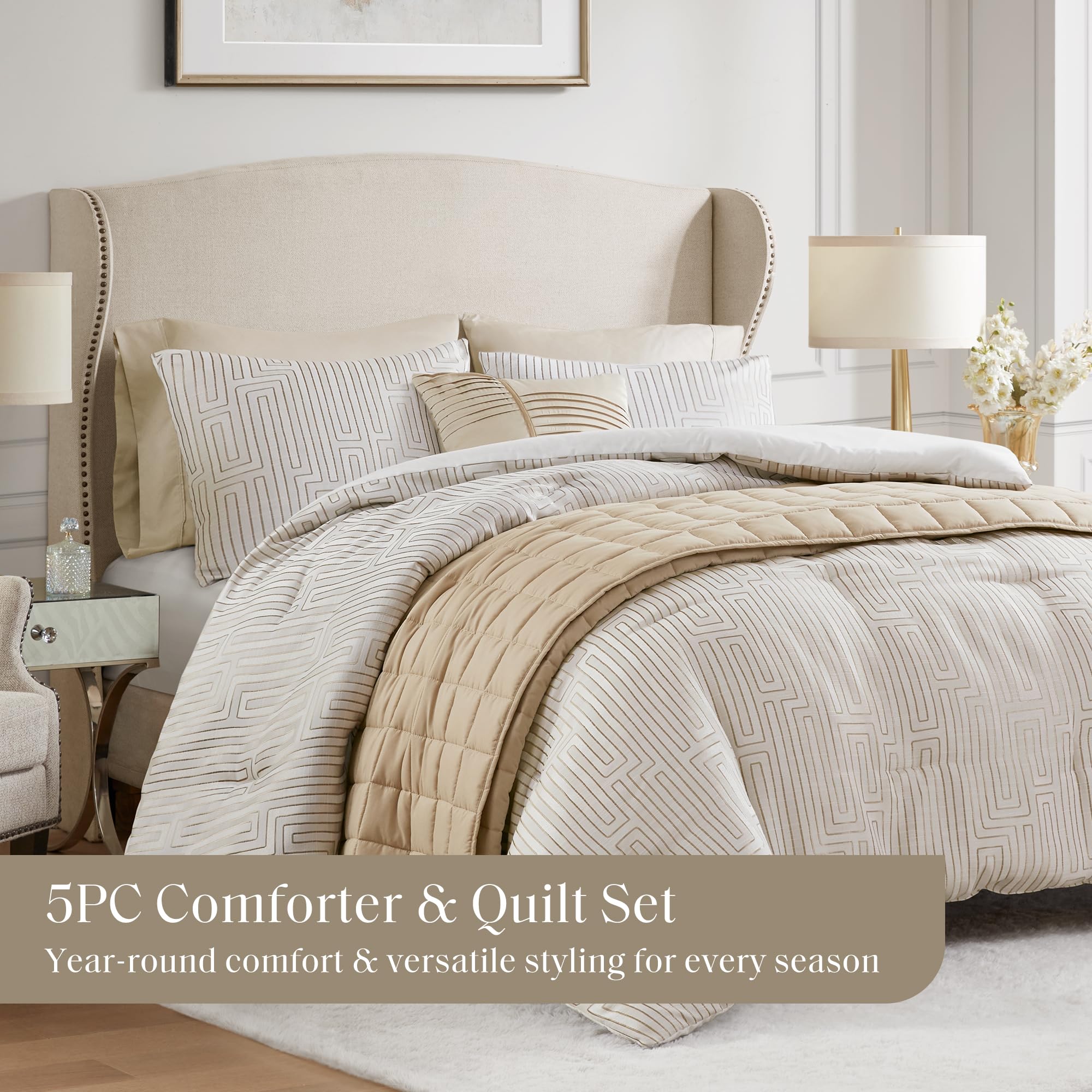 Jacquard Metallic Thread Comforter Set Queen Ivory 5 Piece