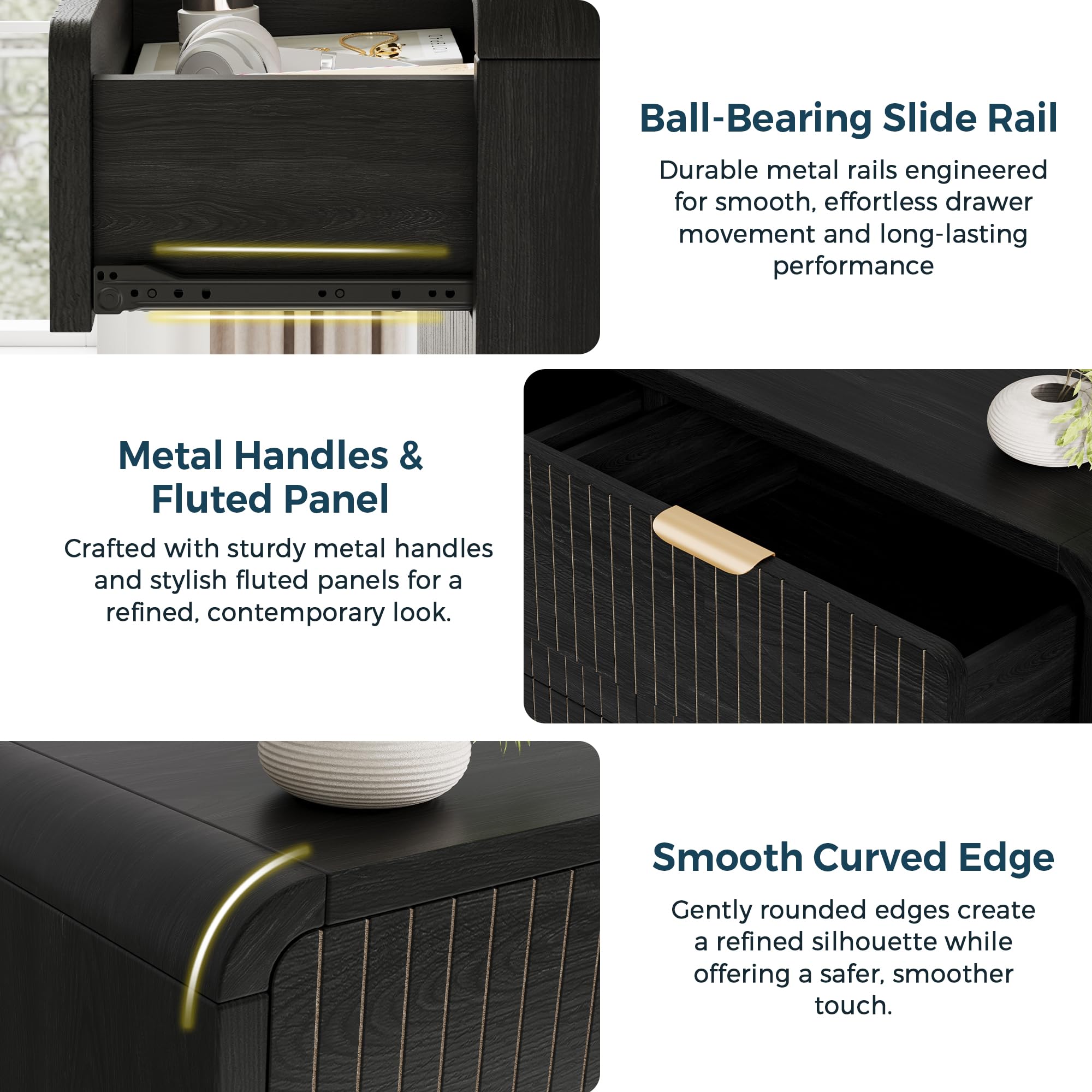 Modern 6 Drawer Dresser - 47" Wide Wood Chest with Curved Fluted Design