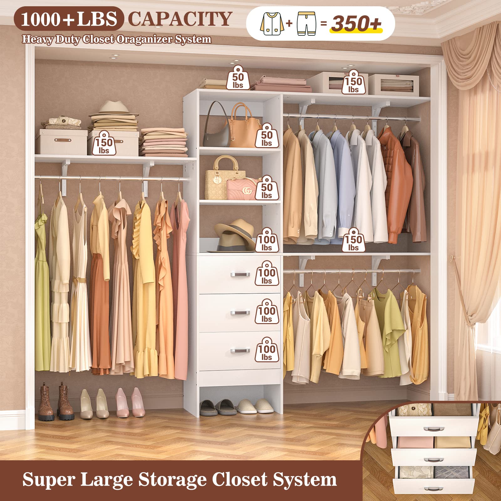 8FT Wall Mount Closet Organizer System with 3 Hanging Rods and Drawers