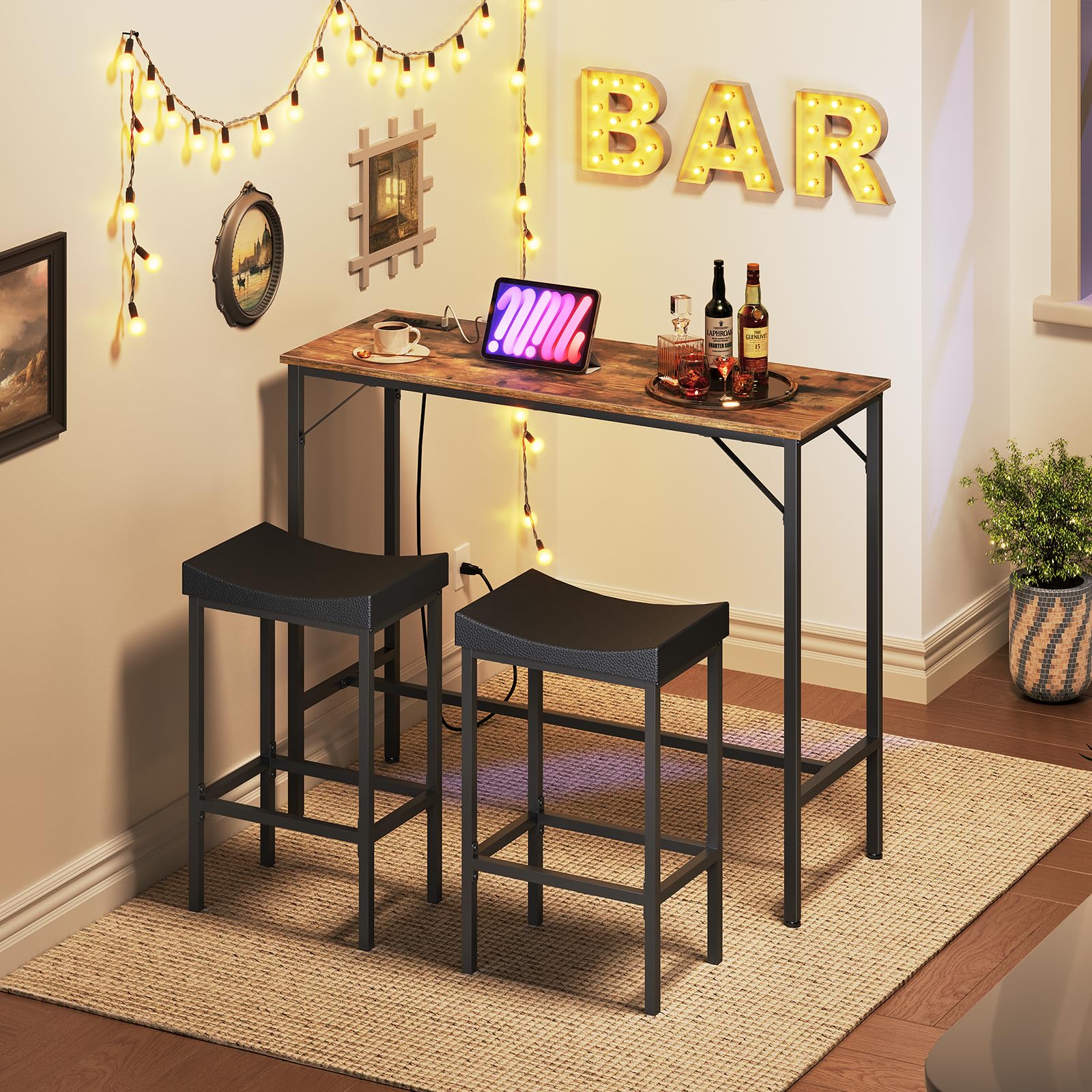 3-Piece Bar Table and Chairs Set with Charging Station