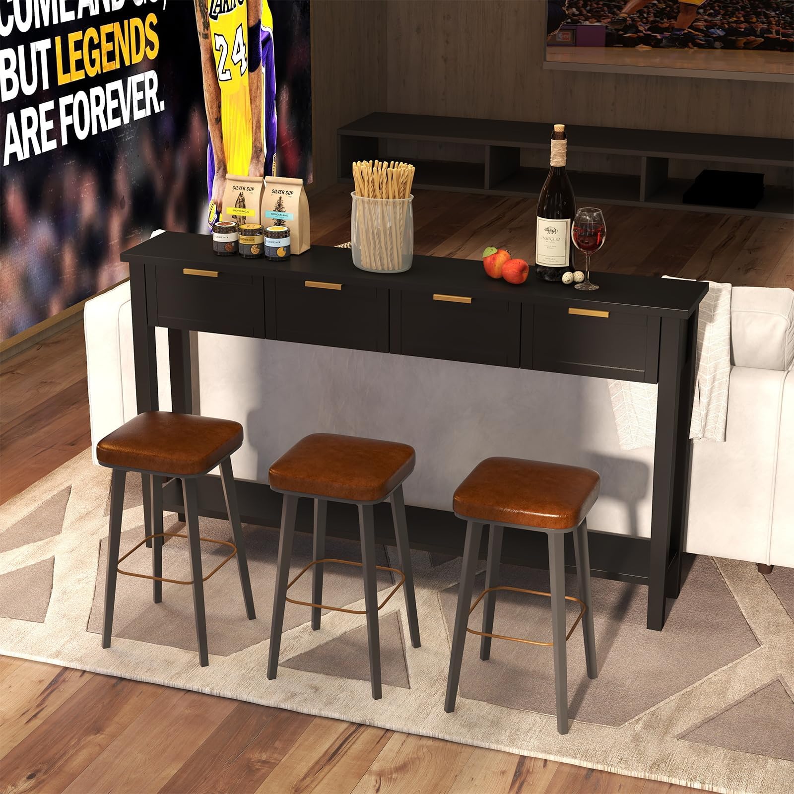 Long Sofa Table with 4 Drawers and Shelf