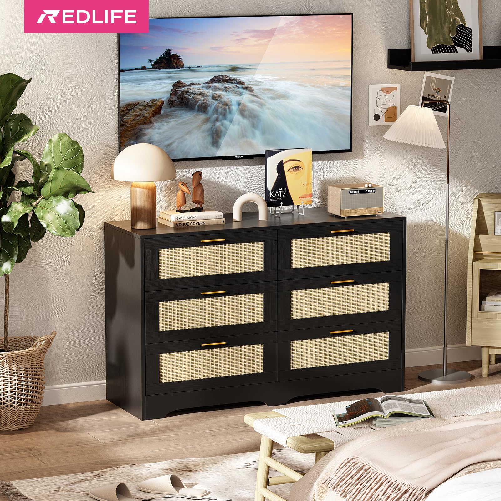 6 Drawer Rattan Dresser with Golden Handles